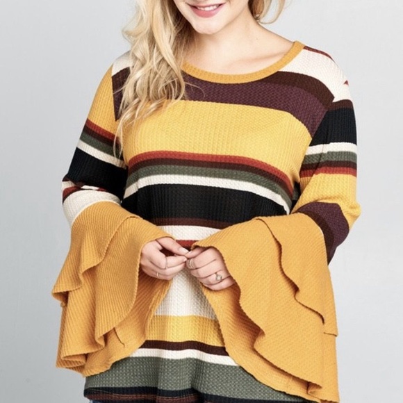 Stripped Knit Top Ruffle Bell Sleeves Plus Size - Picture 2 of 4